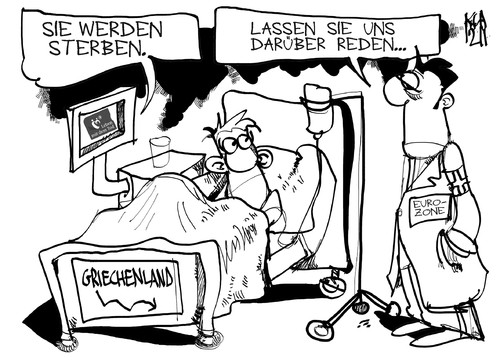 Cartoon: Griechenland (medium) by Kostas Koufogiorgos tagged griechenland,ard,themenwoche,arzt,sterben,krankenhaus,wirtschaft,euro,schulden,krise,europa,karikatur,tod,kostas,koufogiorgos,griechenland,ard,themenwoche,arzt,sterben,krankenhaus,wirtschaft,euro,schulden,krise,europa,karikatur,tod,kostas,koufogiorgos