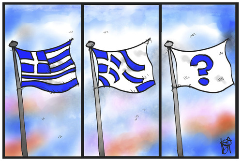 Cartoon: Griechenland (medium) by Kostas Koufogiorgos tagged karikatur,koufogiorgos,illustration,cartoon,fahne,flagge,griechenland,transformation,veränderung,zerfall,fragezeichen,politik,europa,karikatur,koufogiorgos,illustration,cartoon,fahne,flagge,griechenland,transformation,veränderung,zerfall,fragezeichen,politik,europa