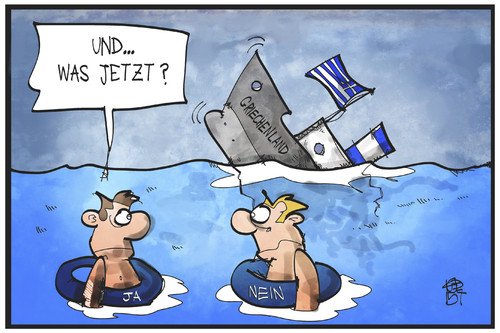 Cartoon: Griechenland (medium) by Kostas Koufogiorgos tagged karikatur,koufogiorgos,illustration,cartoon,griechenland,sinken,schiff,untergang,ja,nein,referendum,volksentscheid,ertrinken,schiffbrüchig,schuldenkrise,politik,wirtschaft,zukunft,karikatur,koufogiorgos,illustration,cartoon,griechenland,sinken,schiff,untergang,ja,nein,referendum,volksentscheid,ertrinken,schiffbrüchig,schuldenkrise,politik,wirtschaft,zukunft