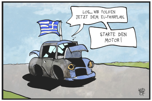 Cartoon: Griechenland (medium) by Kostas Koufogiorgos tagged karikatur,koufogiorgos,cartoon,illustration,griechenland,auto,schrott,panne,eu,europa,schuldenkrise,fahrplan,vorgaben,politik,karikatur,koufogiorgos,cartoon,illustration,griechenland,auto,schrott,panne,eu,europa,schuldenkrise,fahrplan,vorgaben,politik