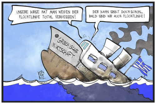 Cartoon: Griechenlandkrise (medium) by Kostas Koufogiorgos tagged karikatur,koufogiorgos,illustration,cartoon,griechenland,wirtschaft,schiff,krise,sinken,flüchtlinge,ertrinken,kahn,karikatur,koufogiorgos,illustration,cartoon,griechenland,wirtschaft,schiff,krise,sinken,flüchtlinge,ertrinken,kahn