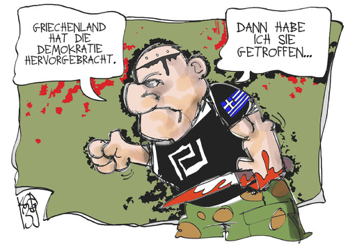 Cartoon: Griechenlands Demokratie (medium) by Kostas Koufogiorgos tagged athen,griechenland,morgenröte,neonazi,faschismus,partei,demokratie,karikatur,koufogiorgos,athen,griechenland,morgenröte,neonazi,faschismus,partei,demokratie,karikatur,koufogiorgos