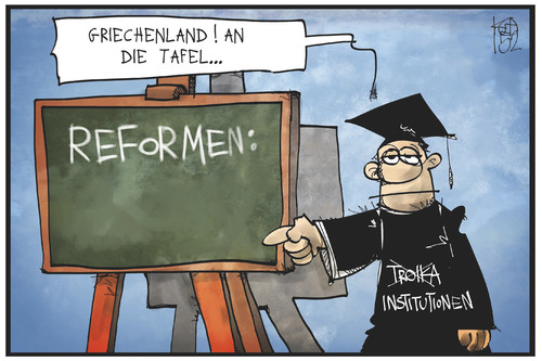 Cartoon: Griechenlands Refomen (medium) by Kostas Koufogiorgos tagged karikatur,koufogiorgos,illustration,cartoon,lehrer,tafel,schule,reformen,schüler,griechenland,lektion,europa,institutionen,troika,eu,politik,karikatur,koufogiorgos,illustration,cartoon,lehrer,tafel,schule,reformen,schüler,griechenland,lektion,europa,institutionen,troika,eu,politik