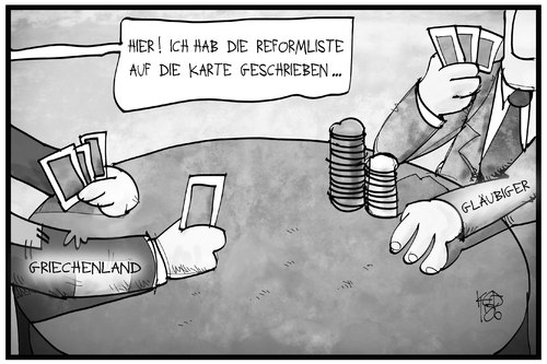 Cartoon: Griechenlands Reformliste (medium) by Kostas Koufogiorgos tagged karikatur,koufogiorgos,illustration,cartoon,reform,liste,pokern,kartenspiel,geld,wirtschaft,politik,handeln,gläubiger,troika,europa,eu,ezb,iwf,spielkarte,karikatur,koufogiorgos,illustration,cartoon,reform,liste,pokern,kartenspiel,geld,wirtschaft,politik,handeln,gläubiger,troika,europa,eu,ezb,iwf,spielkarte