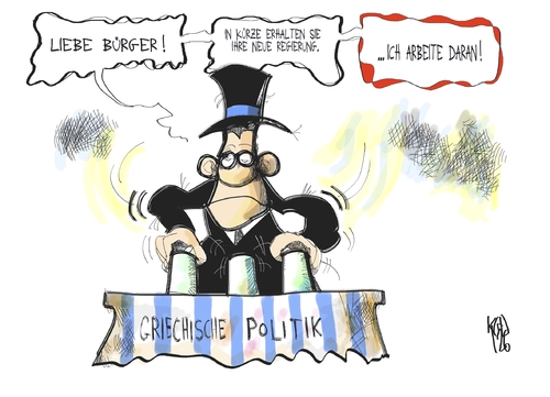 Cartoon: Griechische  Regierung (medium) by Kostas Koufogiorgos tagged griechenland,regierung,hütchenspiel,politik,koalition,wahl,karikatur,kostas,koufogiorgos,griechenland,regierung,hütchenspiel