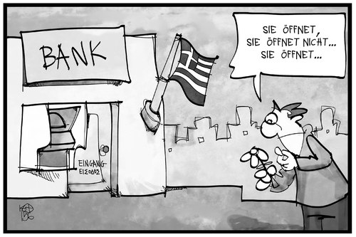 Cartoon: Griechische Banken (medium) by Kostas Koufogiorgos tagged karikatur,koufogiorgos,illustration,cartoon,bank,griechenland,öffnung,bankrott,ela,pleite,grexit,kunde,wirtschaft,schuldenkrise,karikatur,koufogiorgos,illustration,cartoon,bank,griechenland,öffnung,bankrott,ela,pleite,grexit,kunde,wirtschaft,schuldenkrise