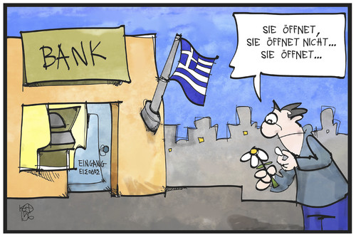 Cartoon: Griechische Banken (medium) by Kostas Koufogiorgos tagged karikatur,koufogiorgos,illustration,cartoon,bank,griechenland,öffnung,bankrott,ela,pleite,grexit,kunde,wirtschaft,schuldenkrise,karikatur,koufogiorgos,illustration,cartoon,bank,griechenland,öffnung,bankrott,ela,pleite,grexit,kunde,wirtschaft,schuldenkrise