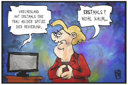 Cartoon: Griechische Regierungschefin (medium) by Kostas Koufogiorgos tagged karikatur,koufogiorgos,illustration,cartoon,griechenland,frau,nachrichten,regierungschef,fernsehen,meldung,politik,karikatur,koufogiorgos,illustration,cartoon,griechenland,frau,nachrichten,regierungschef,fernsehen,meldung,politik