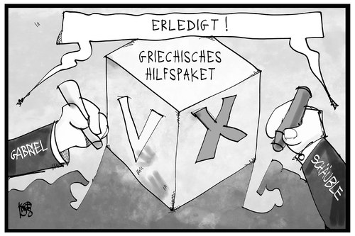 Cartoon: Griechisches Hilfspaket (medium) by Kostas Koufogiorgos tagged karikatur,koufogiorgos,illustration,cartoon,schäuble,gabriel,wirtschaftsministerium,finanzministerium,griechenland,hilfspaket,ja,nein,ablehung,zustimmung,politik,schuldenkrise,karikatur,koufogiorgos,illustration,cartoon,schäuble,gabriel,wirtschaftsministerium,finanzministerium,griechenland,hilfspaket,ja,nein,ablehung,zustimmung,politik,schuldenkrise