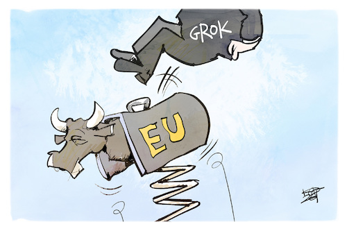 Cartoon: Grok (medium) by Kostas Koufogiorgos tagged karikatur,koufogiorgos,grok,ai,musk,rodeo,stier,chatbot,eu,europa,karikatur,koufogiorgos,grok,ai,musk,rodeo,stier,chatbot,eu,europa