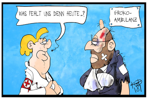 Cartoon: Groko-Ambulanz (medium) by Kostas Koufogiorgos tagged karikatur,koufogiorgos,illustration,cartoon,groko,ambulanz,schulz,merkel,arzt,aerztin,medizin,krankheit,verletzung,spd,jusos,parteichef,prügel,partei,regierungsbildung,koalition,karikatur,koufogiorgos,illustration,cartoon,groko,ambulanz,schulz,merkel,arzt,aerztin,medizin,krankheit,verletzung,spd,jusos,parteichef,prügel,partei,regierungsbildung,koalition