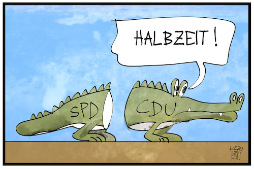 Cartoon: Groko-Halbzeit (medium) by Kostas Koufogiorgos tagged karikatur,koufogiorgos,illustration,cartoon,halbzeit,groko,cdu,spd,koalition,grokodil,regierung,karikatur,koufogiorgos,illustration,cartoon,halbzeit,groko,cdu,spd,koalition,grokodil,regierung