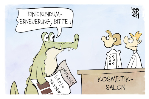 Cartoon: Groko in Hessen (medium) by Kostas Koufogiorgos tagged karikatur,koufogiorgos,groko,hessen,umfrage,kosmetiksalon,karikatur,koufogiorgos,groko,hessen,umfrage,kosmetiksalon