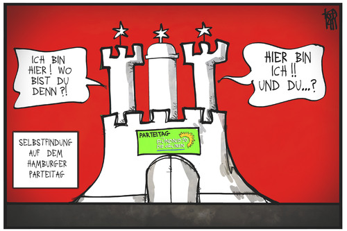 Cartoon: Grünen-Parteitag (medium) by Kostas Koufogiorgos tagged koufogiorgos,karikatur,cartoon,illustration,hamburg,grüne,parteitag,burg,flügel,selbstfindung,partei,politik,koufogiorgos,karikatur,cartoon,illustration,hamburg,grüne,parteitag,burg,flügel,selbstfindung,partei,politik