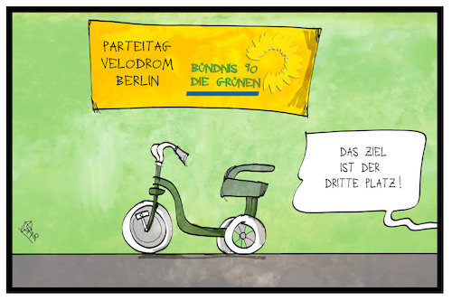 Cartoon: Grünen-Parteitag (medium) by Kostas Koufogiorgos tagged karikatur,koufogiorgos,illustration,cartoon,velodrom,grünen,parteitag,dreirad,rennen,wahl,platzierung,dritter,partei,wahlziel,karikatur,koufogiorgos,illustration,cartoon,velodrom,grünen,parteitag,dreirad,rennen,wahl,platzierung,dritter,partei,wahlziel