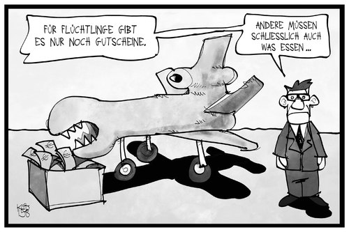 Cartoon: Gutscheine für Flüchtlinge (medium) by Kostas Koufogiorgos tagged verschwendung,rüstungsgüter,militär,rüstung,innenminister,verbrauchen,fressen,geld,eurohawk,drohne,flüchtling,bargeld,gutschein,cartoon,illustration,koufogiorgos,karikatur,karikatur,koufogiorgos,illustration,cartoon,gutschein,bargeld,flüchtling,drohne,eurohawk,geld,fressen,verbrauchen,innenminister,rüstung,militär,rüstungsgüter,verschwendung