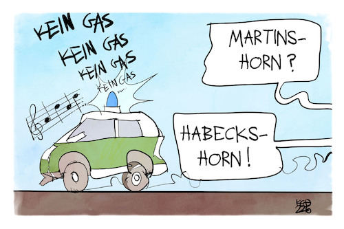 Cartoon: Habeck ruft Gas-Alarmstufe aus (medium) by Kostas Koufogiorgos tagged habeck,gas,alarm,martinshorn,alarmstufe,habeckshorn,auto,signal,habeck,gas,alarm,martinshorn