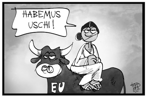 Cartoon: Habemus Uschi (medium) by Kostas Koufogiorgos tagged karikatur,koufogiorgos,illustration,cartoon,eu,europa,stier,kommission,habemus,wahl,institution,karikatur,koufogiorgos,illustration,cartoon,eu,europa,stier,kommission,habemus,wahl,institution