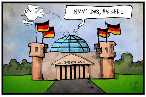 Cartoon: Hackerangriff (medium) by Kostas Koufogiorgos tagged karikatur,koufogiorgos,illustration,cartoon,bundeshack,cyber,angriff,brieftaube,kommunikation,internet,it,technologie,technik,bundestag,reichstag,berlin,außenministerium,hacker,cyberkrieg,karikatur,koufogiorgos,illustration,cartoon,bundeshack,cyber,angriff,brieftaube,kommunikation,internet,it,technologie,technik,bundestag,reichstag,berlin,außenministerium,hacker,cyberkrieg