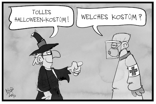 Cartoon: Halloween 2020 (medium) by Kostas Koufogiorgos tagged karikatur,koufogiorgos,illustration,cartoon,halloween,verkleidung,kostüm,feier,arzt,pandemie,schutzkleidung,karikatur,koufogiorgos,illustration,cartoon,halloween,verkleidung,kostüm,feier,arzt,pandemie,schutzkleidung