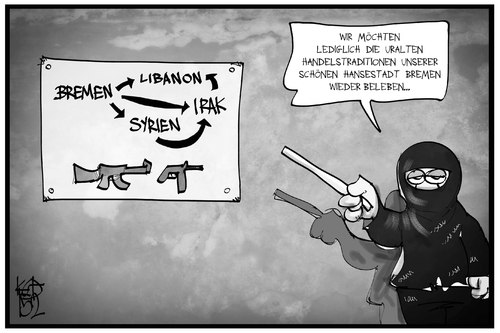 Cartoon: Handelsstadt Bremen (medium) by Kostas Koufogiorgos tagged karikatur,koufogiorgos,illustration,cartoon,bremen,hanse,2015,handel,syrien,irak,aleppo,libanon,terrorismus,islamismus,politik,handelsroute,waffen,karikatur,koufogiorgos,illustration,cartoon,bremen,hanse,2015,handel,syrien,irak,aleppo,libanon,terrorismus,islamismus,politik,handelsroute,waffen