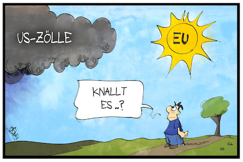 Cartoon: Handelsstreit (medium) by Kostas Koufogiorgos tagged karikatur,koufogiorgos,illustration,cartoon,zoll,handelsstreit,usa,eu,sonne,wolken,gewitter,wirtschaft,handel,handelskrieg,karikatur,koufogiorgos,illustration,cartoon,zoll,handelsstreit,usa,eu,sonne,wolken,gewitter,wirtschaft,handel,handelskrieg