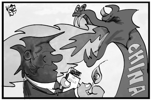 Cartoon: Handelsstreit (medium) by Kostas Koufogiorgos tagged karikatur,koufogiorgos,illustration,cartoon,handelsstreit,handelskrieg,konflikt,china,usa,trump,drache,feuer,anfeuern,entzünden,flamme,karikatur,koufogiorgos,illustration,cartoon,handelsstreit,handelskrieg,konflikt,china,usa,trump,drache,feuer,anfeuern,entzünden,flamme