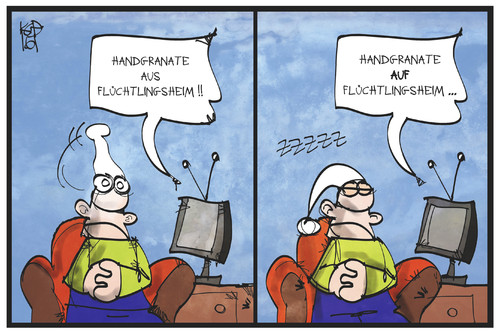 Cartoon: Handgranaten-Anschlag (medium) by Kostas Koufogiorgos tagged karikatur,koufogiorgos,illustration,cartoon,handgranate,fluechtlingsheim,anschlag,michel,schlafen,aufwachen,unterschied,rechtsextremismus,flüchtlingsdebatte,deutscher,fernsehen,nachrichten,karikatur,koufogiorgos,illustration,cartoon,handgranate,fluechtlingsheim,anschlag,michel,schlafen,aufwachen,unterschied,rechtsextremismus,flüchtlingsdebatte,deutscher,fernsehen,nachrichten