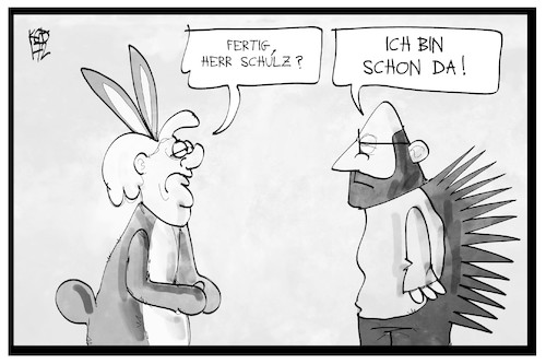 Cartoon: Hase Merkel und Igel Schulz (medium) by Kostas Koufogiorgos tagged karikatur,koufogiorgos,illustration,cartoon,merkel,schulz,hase,igel,fabel,wettrennen,kandidat,bundeskanzler,politik,wahlkampf,grimm,märchen,karikatur,koufogiorgos,illustration,cartoon,merkel,schulz,hase,igel,fabel,wettrennen,kandidat,bundeskanzler,politik,wahlkampf,grimm,märchen