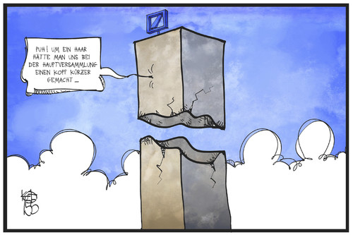 Cartoon: Hauptversammlung Deutsche Bank (medium) by Kostas Koufogiorgos tagged karikatur,koufogiorgos,illustration,cartoon,hauptversammlung,deutsche,bank,hochhaus,zentrale,kritik,einbruch,schaden,karikatur,koufogiorgos,illustration,cartoon,hauptversammlung,deutsche,bank,hochhaus,zentrale,kritik,einbruch,schaden