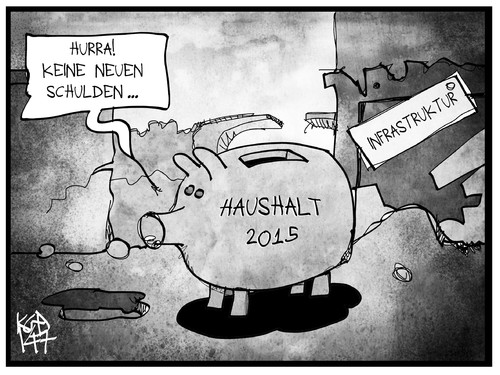 Cartoon: Haushalt 2015 (medium) by Kostas Koufogiorgos tagged karikatur,koufogiorgos,illustration,cartoon,haushalt,2015,schulden,sparschwein,infrastruktur,wirtschaft,politik,karikatur,koufogiorgos,illustration,cartoon,haushalt,2015,schulden,sparschwein,infrastruktur,wirtschaft,politik