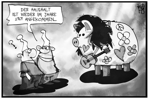 Cartoon: Haushaltsdebatte (medium) by Kostas Koufogiorgos tagged karikatur,koufogiorgos,illustration,cartoon,haushalt,flower,power,hippie,sparschwein,1969,nostalgie,geld,wirtschaft,politik,karikatur,koufogiorgos,illustration,cartoon,haushalt,flower,power,hippie,sparschwein,1969,nostalgie,geld,wirtschaft,politik