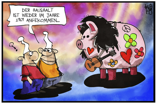 Cartoon: Haushaltsdebatte (medium) by Kostas Koufogiorgos tagged karikatur,koufogiorgos,illustration,cartoon,haushalt,flower,power,hippie,sparschwein,1969,nostalgie,geld,wirtschaft,politik,karikatur,koufogiorgos,illustration,cartoon,haushalt,flower,power,hippie,sparschwein,1969,nostalgie,geld,wirtschaft,politik