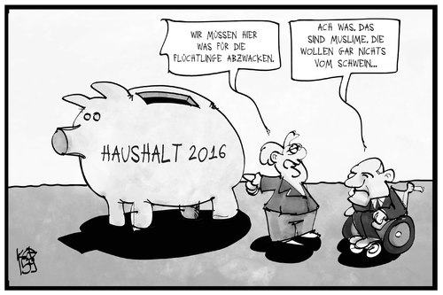 Cartoon: Haushaltsdebatte (medium) by Kostas Koufogiorgos tagged karikatur,koufogiorgos,illustration,cartoon,haushalt,schäuble,sparschwein,merkel,flüchtlinge,flüchtlingskrise,geld,sparen,budget,schwein,muslime,essen,essensvorschrift,karikatur,koufogiorgos,illustration,cartoon,haushalt,schäuble,sparschwein,merkel,flüchtlinge,flüchtlingskrise,geld,sparen,budget,schwein,muslime,essen,essensvorschrift