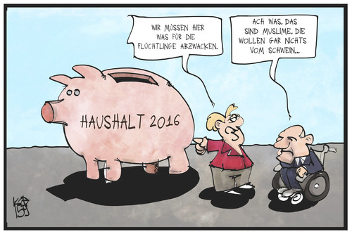 Cartoon: Haushaltsdebatte (medium) by Kostas Koufogiorgos tagged karikatur,koufogiorgos,illustration,cartoon,haushalt,schäuble,sparschwein,merkel,flüchtlinge,flüchtlingskrise,geld,sparen,budget,schwein,muslime,essen,essensvorschrift,karikatur,koufogiorgos,illustration,cartoon,haushalt,schäuble,sparschwein,merkel,flüchtlinge,flüchtlingskrise,geld,sparen,budget,schwein,muslime,essen,essensvorschrift