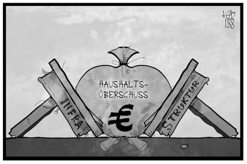 Cartoon: Haushaltsüberschuss (medium) by Kostas Koufogiorgos tagged karikatur,koufogiorgos,illustration,cartoon,haushalt,überschuss,geld,infrastruktur,tisch,zusammenbruch,marode,karikatur,koufogiorgos,illustration,cartoon,haushalt,überschuss,geld,infrastruktur,tisch,zusammenbruch,marode