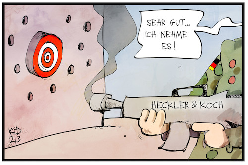 Cartoon: Heckler und  Koch (medium) by Kostas Koufogiorgos tagged karikatur,koufogiorgos,illustration,cartoon,heckler,koch,sturmgewehr,auftrag,bundeswehr,vergabe,militär,soldat,praezision,karikatur,koufogiorgos,illustration,cartoon,heckler,koch,sturmgewehr,auftrag,bundeswehr,vergabe,militär,soldat,praezision