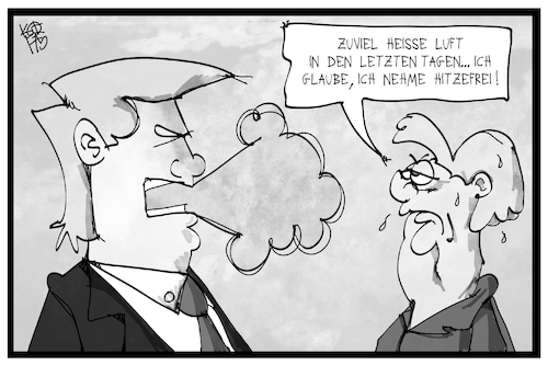 Cartoon: Hitzefrei (medium) by Kostas Koufogiorgos tagged karikatur,koufogiorgos,illustration,cartoon,trump,merkel,heiss,hitze,luft,hitzefrei,wetter,klima,beziehung,schwitzen,karikatur,koufogiorgos,illustration,cartoon,trump,merkel,heiss,hitze,luft,hitzefrei,wetter,klima,beziehung,schwitzen