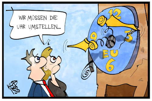 Cartoon: Höchste Zeit für die EU (medium) by Kostas Koufogiorgos tagged karikatur,koufogiorgos,illustration,cartoon,eu,europa,zeit,umstellung,uhr,sommerzeit,winterzeit,karikatur,koufogiorgos,illustration,cartoon,eu,europa,zeit,umstellung,uhr,sommerzeit,winterzeit