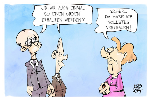 Cartoon: Höchster Verdienstorden für Ange (medium) by Kostas Koufogiorgos tagged karikatur,koufogiorgos,orden,großkreuz,merz,scholz,vertrauen,merkel,verdienstorden,karikatur,koufogiorgos,orden,großkreuz,merz,scholz,vertrauen,merkel,verdienstorden