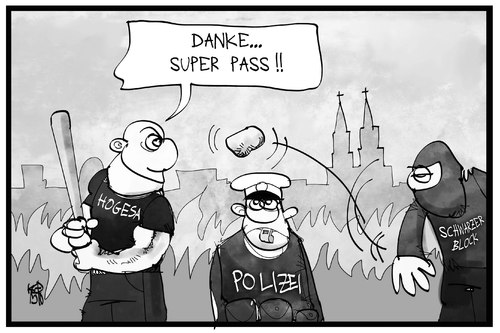 Cartoon: HoGeSa (medium) by Kostas Koufogiorgos tagged karikatur,koufogiorgos,illustration,cartoon,hogesa,nohogesa,demonstration,protest,neonazi,rechtsextrem,linksextrem,pass,spiel,schiedsrichter,koeln,karikatur,koufogiorgos,illustration,cartoon,hogesa,nohogesa,demonstration,protest,neonazi,rechtsextrem,linksextrem,pass,spiel,schiedsrichter,koeln