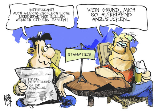 Cartoon: Homo-Ehe (medium) by Kostas Koufogiorgos tagged homo,ehe,sexualität,steuer,stammtisch,gleichstellung,gesellschaft,karikatur,kostas,koufogiorgos,homo,ehe,sexualität,steuer,stammtisch,gesellschaft,gleichstellung