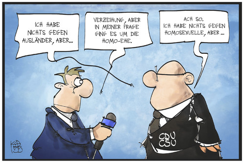 Cartoon: Homo-Ehe (medium) by Kostas Koufogiorgos tagged karikatur,koufogiorgos,illustration,cartoon,homo,ehe,homosexualität,ausländer,vorurteil,politiker,politik,cdu,csu,reporter,interview,medien,diskriminierung,karikatur,koufogiorgos,illustration,cartoon,homo,ehe,homosexualität,ausländer,vorurteil,politiker,politik,cdu,csu,reporter,interview,medien,diskriminierung