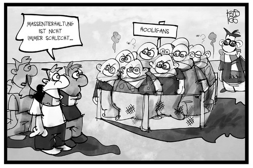 Cartoon: Hooligans (medium) by Kostas Koufogiorgos tagged karikatur,koufogiorgos,illustration,cartoon,massentierhaltung,einpferchen,hooligans,gewalt,em,fussball,sport,polizei,einsperren,verhaften,karikatur,koufogiorgos,illustration,cartoon,massentierhaltung,einpferchen,hooligans,gewalt,em,fussball,sport,polizei,einsperren,verhaften