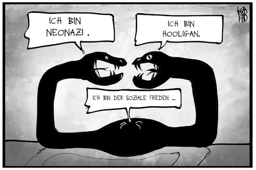 Cartoon: Hooligans und Neonazis (medium) by Kostas Koufogiorgos tagged karikatur,koufogiorgos,illustration,cartoon,schlange,hooligan,neonazi,frieden,gewalt,extremismus,fanatismus,politik,karikatur,koufogiorgos,illustration,cartoon,schlange,hooligan,neonazi,frieden,gewalt,extremismus,fanatismus,politik