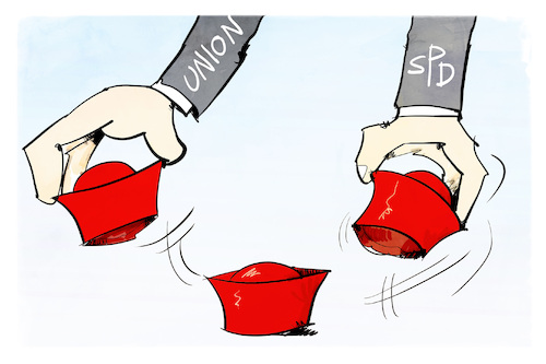 Cartoon: Hütchenspiel (medium) by Kostas Koufogiorgos tagged karikatur,koufogiorgos,hütchenspiel,verfassunsgrichter,spd,union,streit,karikatur,koufogiorgos,hütchenspiel,verfassunsgrichter,spd,union,streit