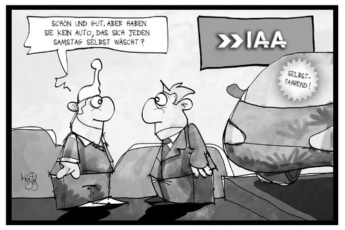 Cartoon: IAA (medium) by Kostas Koufogiorgos tagged karikatur,koufogiorgos,illustration,cartoon,iaa,auto,selbstfahrend,selbstwaschend,michel,deutschland,blechle,automobil,messe,ausstellung,verkauf,händler,präsentation,show,mobilität,karikatur,koufogiorgos,illustration,cartoon,iaa,auto,selbstfahrend,selbstwaschend,michel,deutschland,blechle,automobil,messe,ausstellung,verkauf,händler,präsentation,show,mobilität