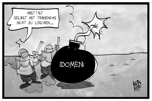 Cartoon: Idomeni (medium) by Kostas Koufogiorgos tagged karikatur,koufogiorgos,illustration,cartoon,idomeni,griechenland,mazedonien,fyrom,polizei,flüchtlingskrise,bombe,traenengas,loeschen,grenze,zaun,karikatur,koufogiorgos,illustration,cartoon,idomeni,griechenland,mazedonien,fyrom,polizei,flüchtlingskrise,bombe,traenengas,loeschen,grenze,zaun