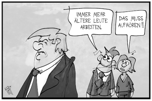 Cartoon: Immer mehr Ältere arbeiten (medium) by Kostas Koufogiorgos tagged karikatur,koufogiorgos,illustration,cartoon,arbeit,arbeitnehmer,trump,erwerbstätigkeit,job,karikatur,koufogiorgos,illustration,cartoon,arbeit,arbeitnehmer,trump,erwerbstätigkeit,job