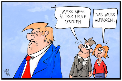 Cartoon: Immer mehr Ältere arbeiten (medium) by Kostas Koufogiorgos tagged karikatur,koufogiorgos,illustration,cartoon,arbeit,arbeitnehmer,trump,erwerbstätigkeit,job,karikatur,koufogiorgos,illustration,cartoon,arbeit,arbeitnehmer,trump,erwerbstätigkeit,job